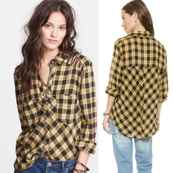 Free People Gauzy Plaid Lace Up Button Down Top Yellow Size S - Picture 9 of 9